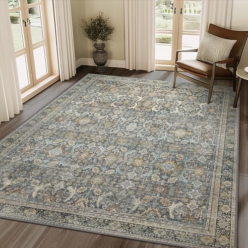 BESBLEE 8X10 Area Rugs Machine Washable Rugs for Living Room, Vintage Boho Large Rugs for Bedroom Dining Room, Non Slip Indoor Soft Distressed Lightweight Thin Low Pile Carpet, Terracotta