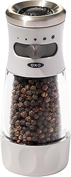 OXO Good Grips Contoured Mess-Free Pepper Grinder, Adjustable Ceramic Grinder with Five Settings, Black Pepper Mill for Home and Kitchen, Spice Tool and Kitchen Gadget