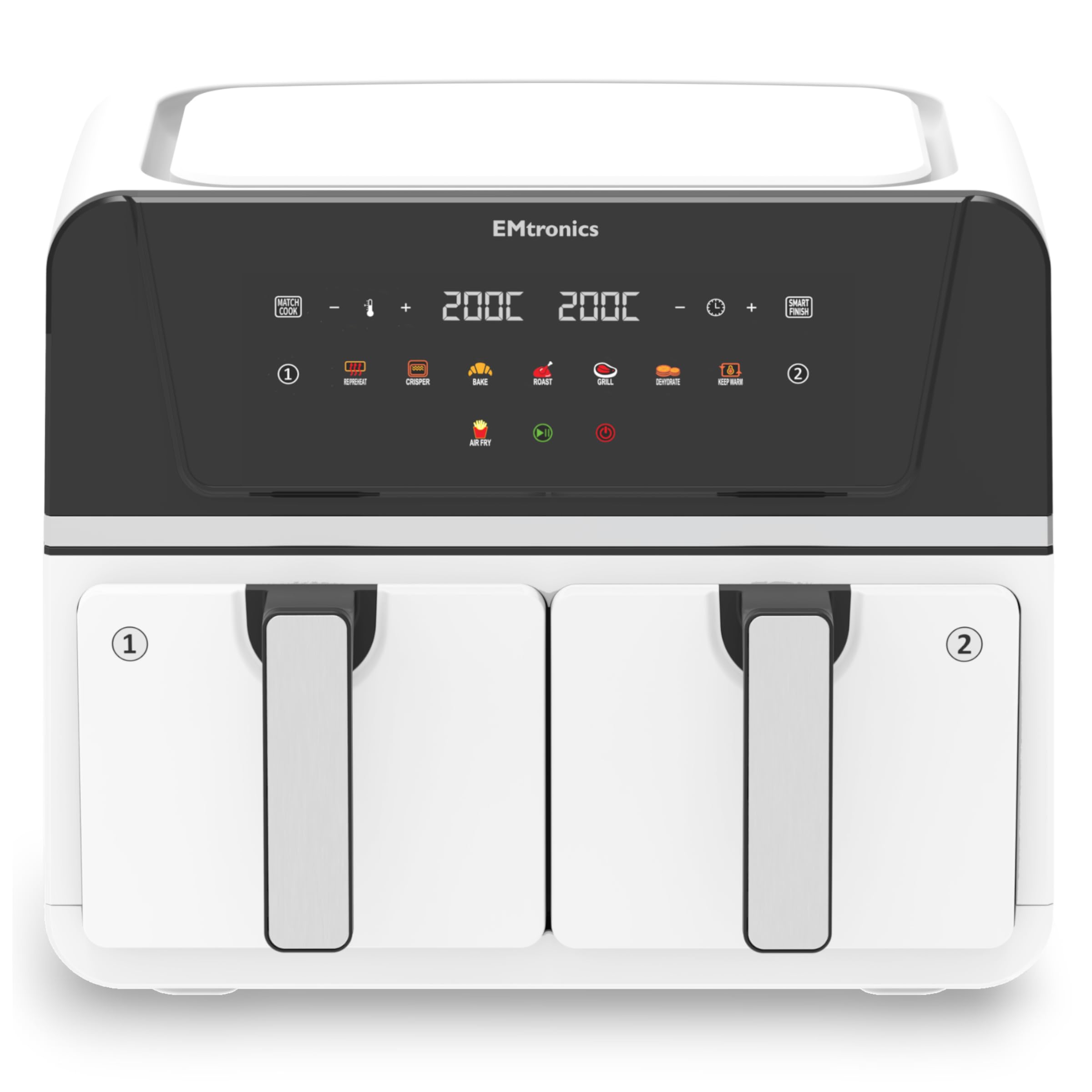 EMtronics 9L Dual Zone Air Fryer 2400W Family Size, 8 Preset Cooking Mode, Match Cook & Smart Finish Functions, 9 Litre - White