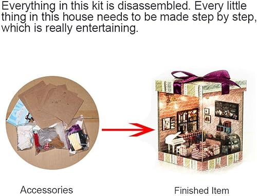 Miniatura 7 de NC Kit en miniatura con muebles, kit de madera de bricolaje más a prueba de polvo y movimiento de música, movimiento de muebles de casa hecho a mano