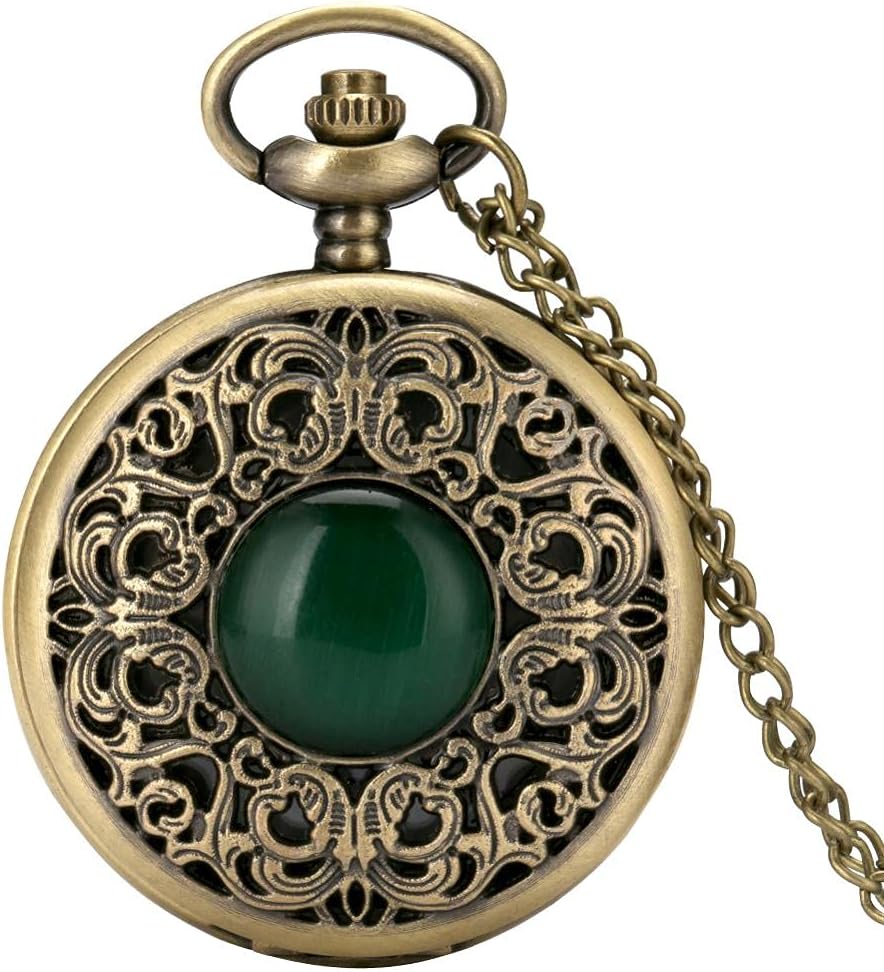 Amazon.co.jp メンズ懐中時計 絶妙なエメラルド グリーンストーンブロンズケースクォーツポケットウォッチシンプルホワイト