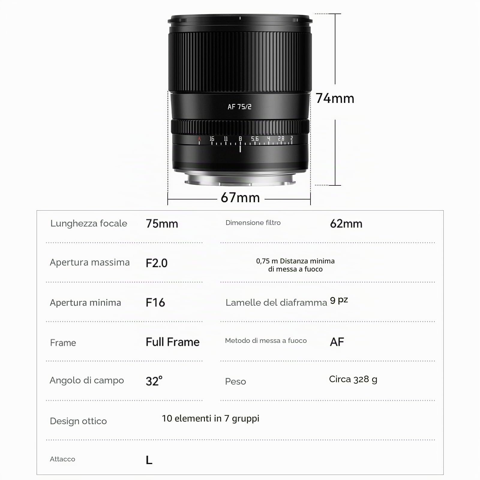 TTARTISAN AF 75mm F2 Obiettivo Full Frame L Mount Autofocus Lens Compatible with L Mount Cameras