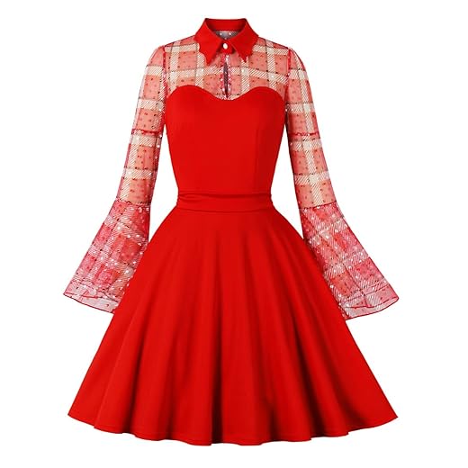 Women Red Plaid Swing Dress Mesh Fall Long Sleeve Gothic Dress Winter Christmas 1950s Retro Vintage Cocktail Dress Plus Size Semi Formal Bridesmaid Homecoming Dress Slim Fit A-Line Dress Red Plaid 3XL
