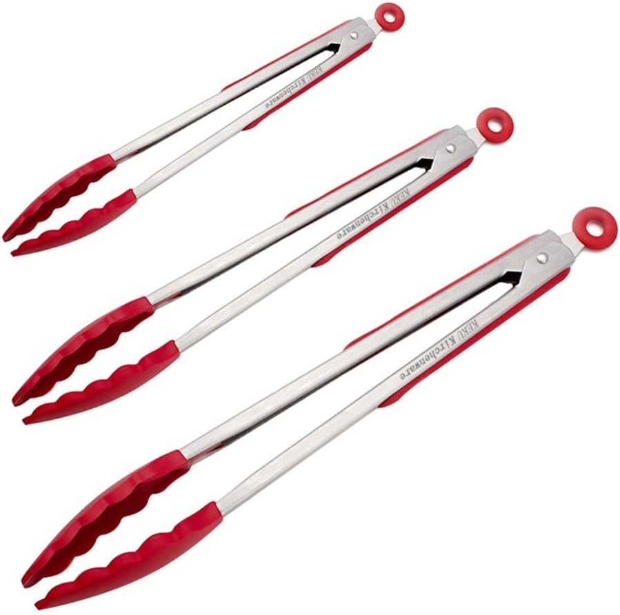 Set of 3 - 7, 9, 12 Inch Heavy Duty ,KEKU Non-stick, Stainless Steel Kitchen Tongs for Barbeque, Cooking, Grilling Turner - A Serving and Feeding Set for Your Kitchen Collection,RED