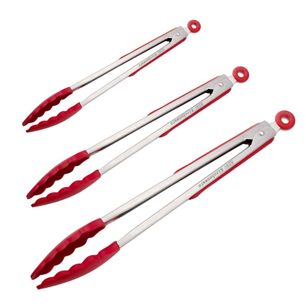 Set of 3 - 7, 9, 12 Inch Heavy Duty ,KEKU Non-stick, Stainless Steel Kitchen Tongs for Barbeque, Cooking, Grilling Turner - A Serving and Feeding Set for Your Kitchen Collection,RED