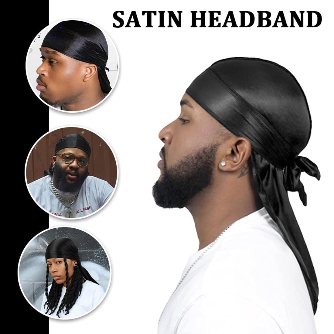 3 Pezzi Fasce Lunghe Durag per Capelli, Unisex, per Stile Hip-Hop, Protezione dal Sole, Colori: Rosso, Nero, Bianco