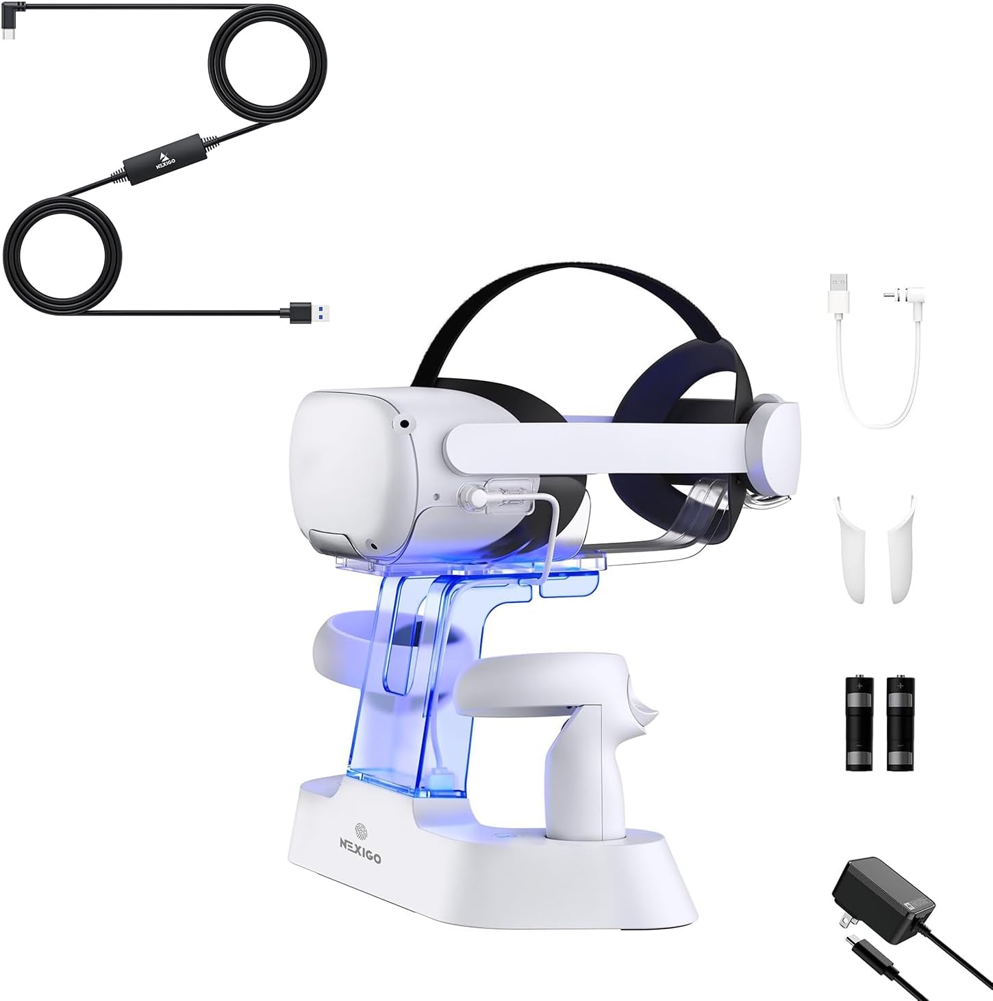 NexiGo Essential Kit for Oculus Quest, Enhanced Charging Dock with LED Light [On/Off] for Oculus Quest 2, [Support Elite Strap with Battery], 16FT Link Cable with Signal Amplifier