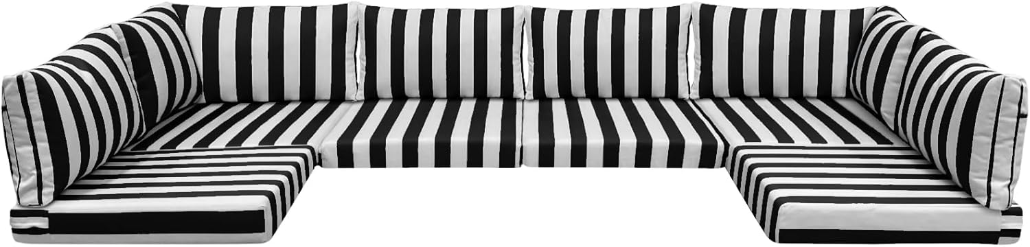 14-Piece Outdoor Cushions for Patio Furniture, 25.6x25.6 Inch Water-Repellent Outdoor Sectional Cushions, Patio Replacement Cushion Set for Wicker & Rattan Sectional Sofas (Black white stripes)
