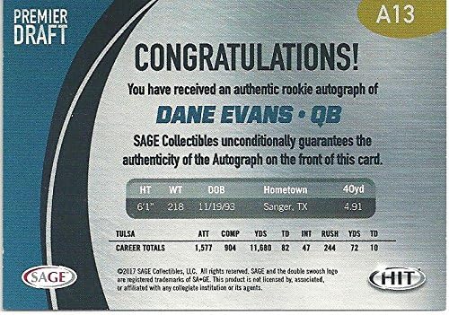 Dane Evans "Rookie Autograph - Premier Draft" Autograph Football Card - 2017 Sage Hit Football Card #A13 (University of Tulsa) Free Shipping