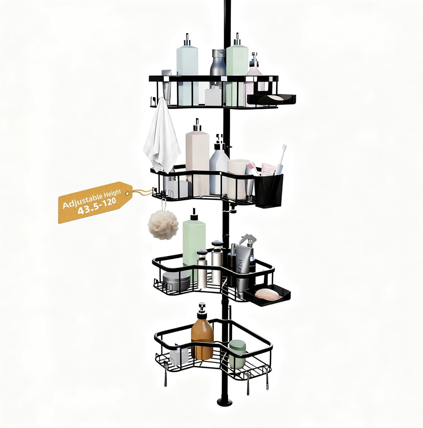 Corner Shower Caddy Tension Pole, 4 Tier Rust-Resistant Adjustable Bathroom Organizer Shelves, Bathtub Storage Rack with Soap Holder, No-Drill Install, Floor to Ceiling Rod 47-121 Inch, Black