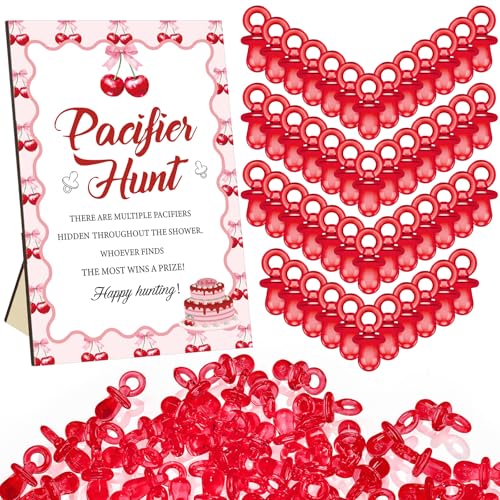 Image of Thyle 51 Pcs She's Our Cherry on Top Theme Baby Shower Games Red Cherry Pacifier Hunt Include Hunt Sign and 50 Acrylic Pacifiers for Baby Shower Game Decoration Gift Sets Gender Reveal Party Decor