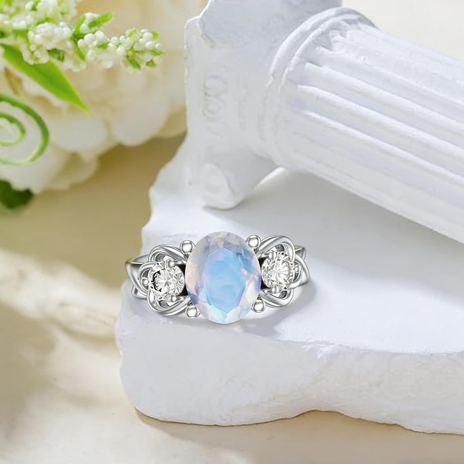 0.3 CTTW Moissanite with Moonstone Engagement Ring 925 Sterling Silver Heart/Oval/Round Cut Rainbow Moonstone Moissanite Anniversary Ring for Women Gifts Size 4-13(Gift Box)