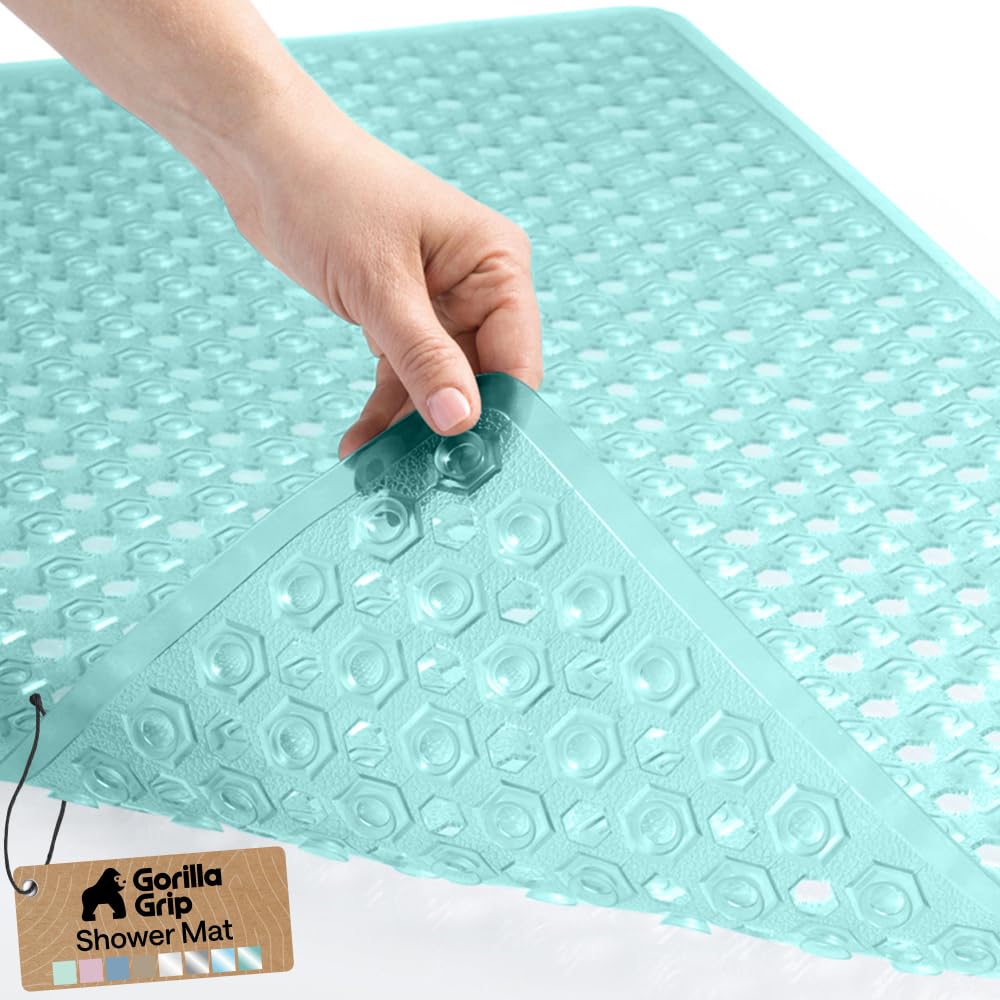 Patented Bath Tub Shower Mat, Machine Washable Bathtub Floor Liner Mats, Suction Cups and Drain Holes to Keep Tubs Clean, Soft on Feet, Bathroom Essentials, 35x16 Inch, Clear Green