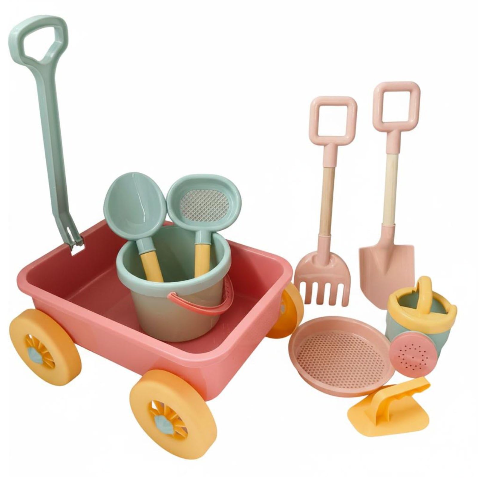 Carretto Giocattolo con Secchio Accessori Multipli Kit Giochi Spiaggia Portatile Set Sabbia Bambini per Sandpit, Piscina, Rosa Ciliegia