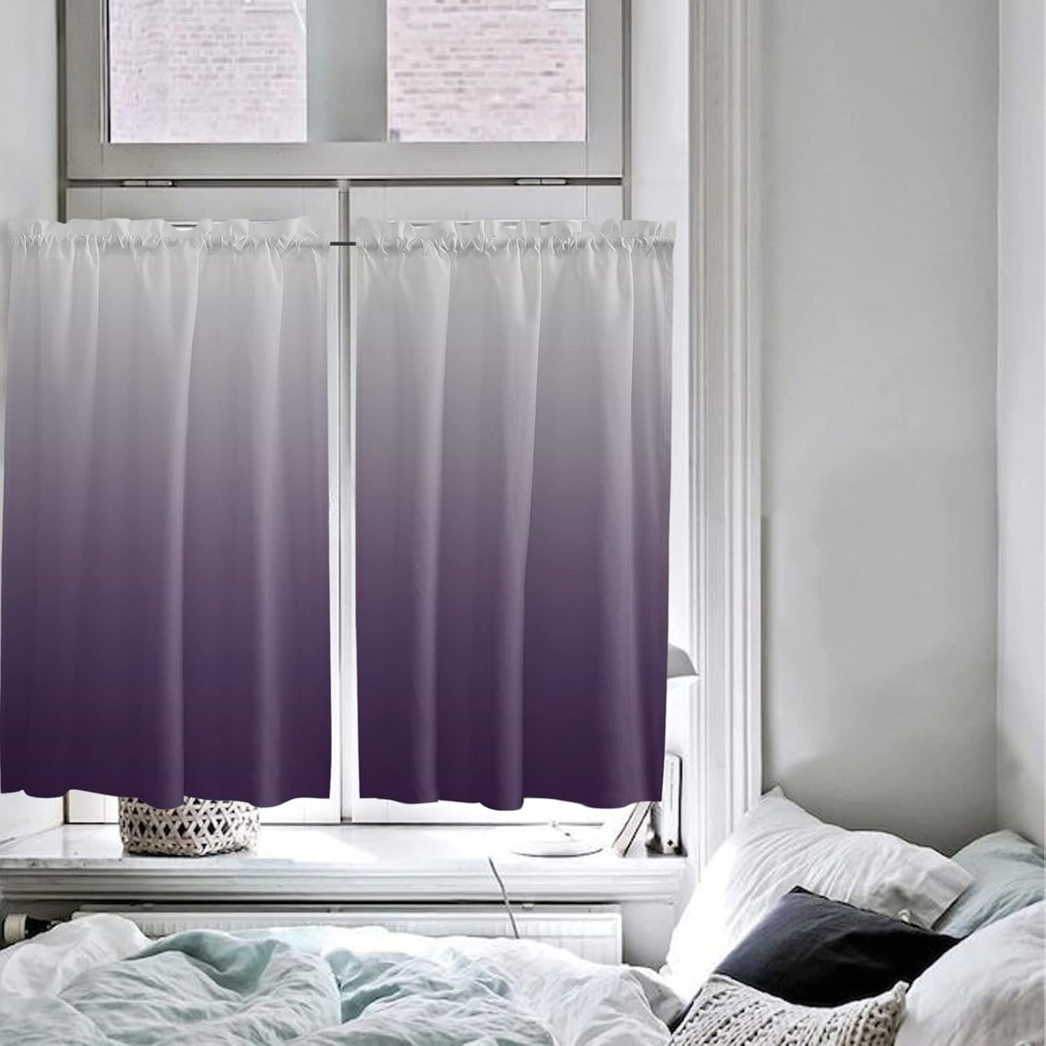 DecorLovee Gray-Purple Ombre Tier Curtains 27.5 x 45 Inches Long Wide Pocket Kitchen Curtains for Bedroom Kitchen, French Door Half Window Curtains for Patio Door