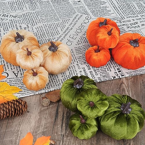 Image of Artmag 12Pcs Fall Artificial Velvet Pumpkins Assorted Sizes Orange Green Khaki Fake Farmhouse Harvest Pumpkins for Fall Thanksgiving Party Home Decoration