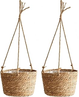 PEIQICHU 2 Pieces Hanging Plant Baskets Hang Pots Handmade Nature Hanging Flower Holder with Long Hanging Rope & Hooks Ind...