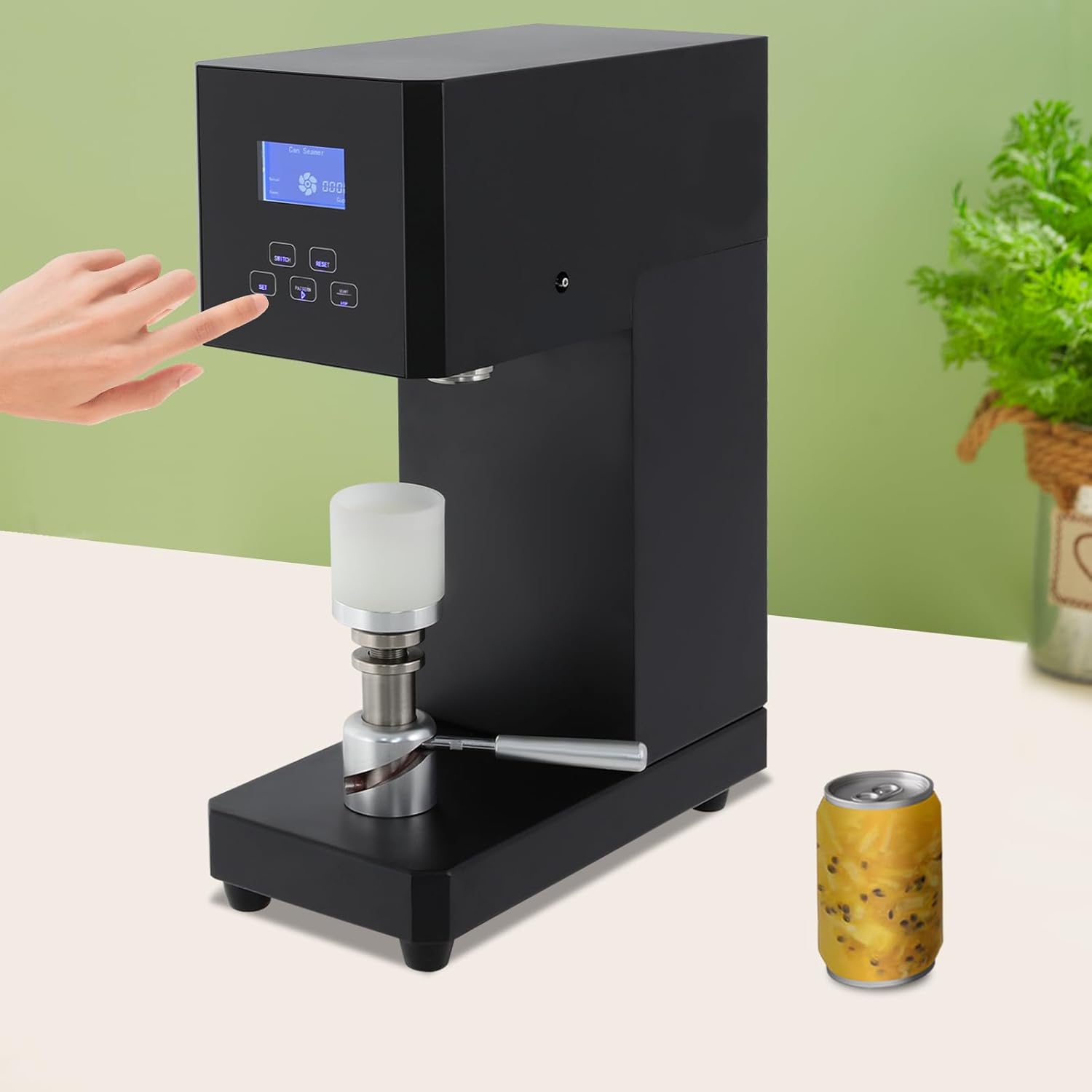 110V Commercial Automatic Can Sealing Machine, 370W Beverage Seal Machine Milk Tea Drink Bottle Sealer w/LED Display, Soda Can Sealer φ 5.5cm for Bars, Cafes (Black)