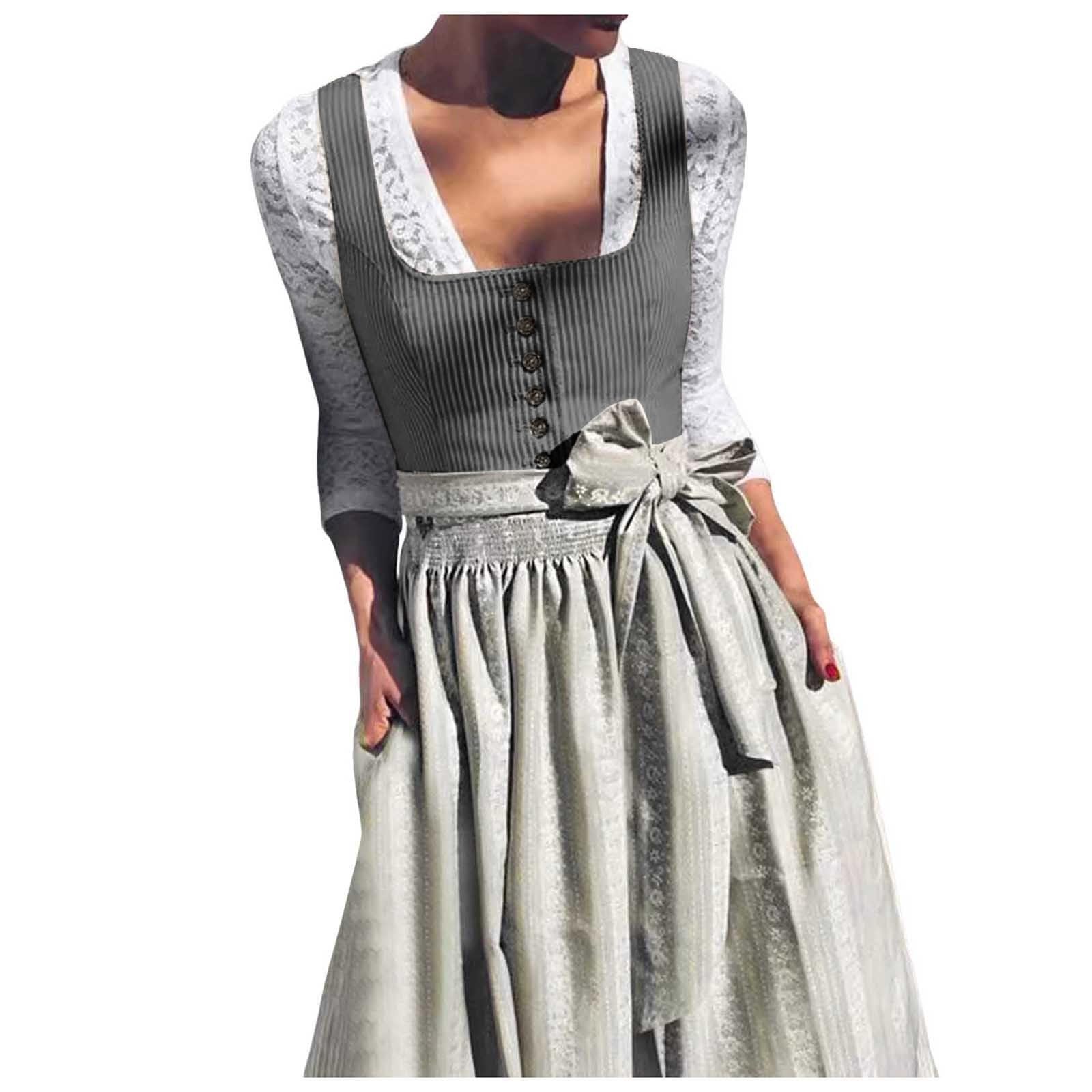Dirndl Damen Midi Trachtenkleid Schlicht Outfit Trachtenmode Vintage Set Elegant Kostüm Inkl Dirndlschürze Trachtenkleid Dirndl-Komplettsets Trachten Kleid für Oktoberfest