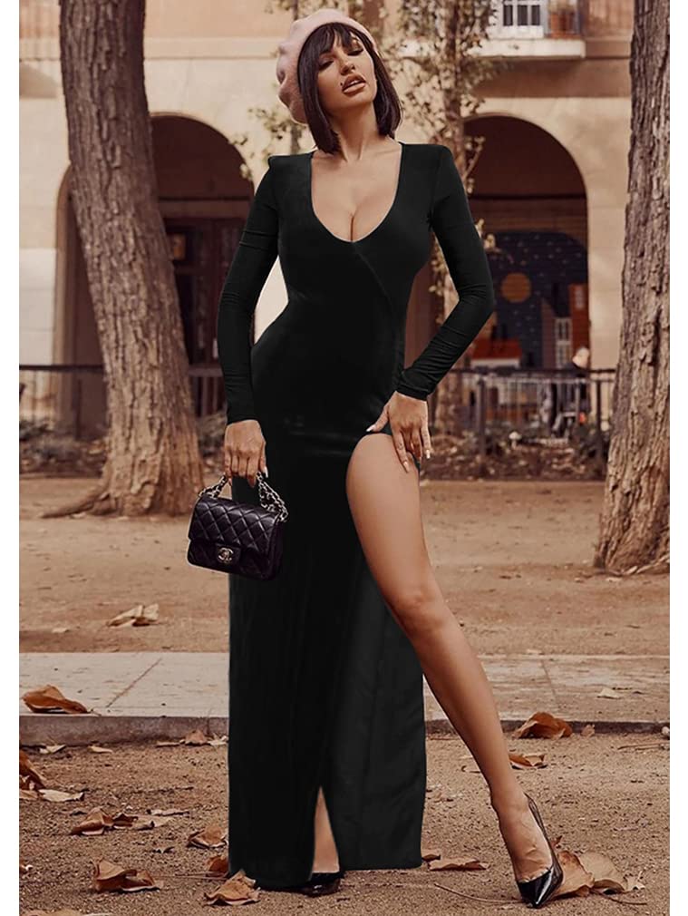 ZileZile Women's Sexy Bodycon Long Sleeve Deep V Neck High Slit Cocktail Party Maxi Dresses