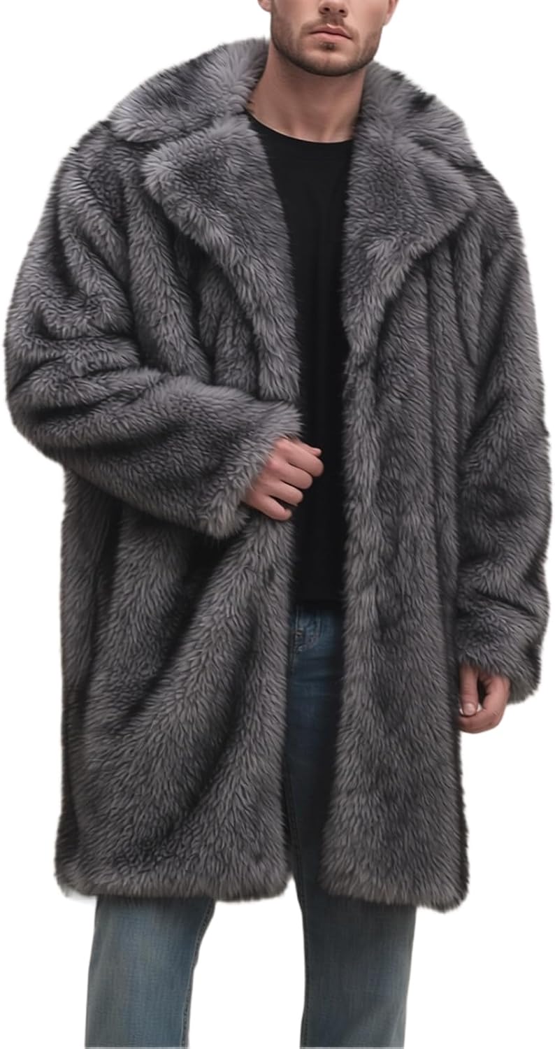 Colf Men's Winter Long Sleeve Turn Collar Faux Fur Coat Outwear Long Parka Jacket Overcoat