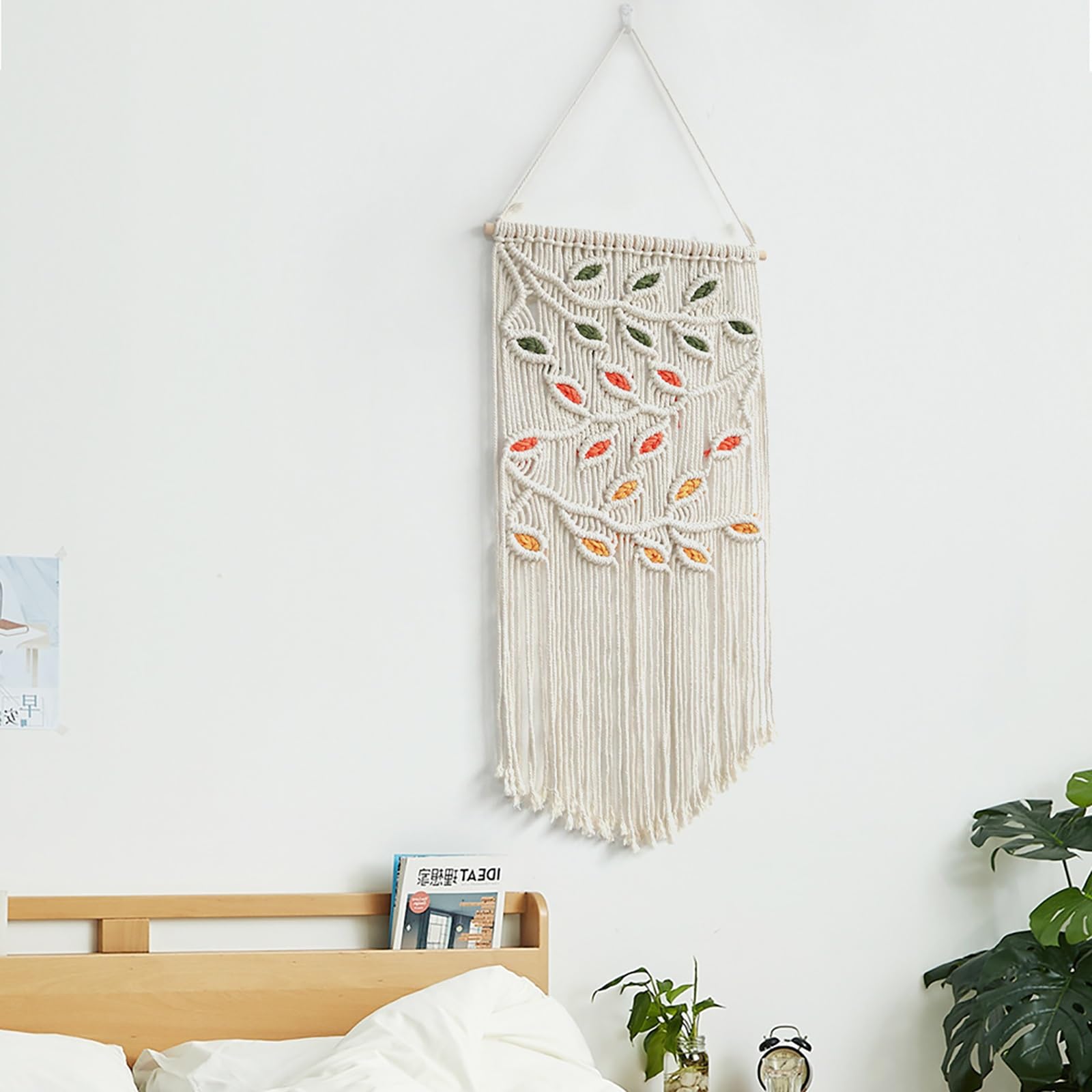 TaLcuS Boho Macrame Wall Hanging with Tassels & Wooden Beads – Handwoven Green Black White Leaves Tapestry for Bedroom, Living Room, Apartment(A2)