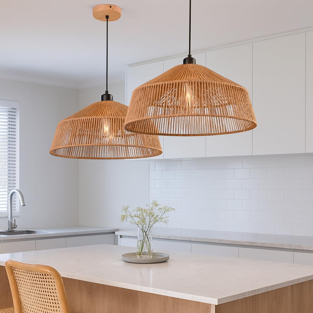 Lampadario a Sospensione in Stile Boho 40/50cm, Paralume in Rattan/Filo di Corda, Attacco E27, Altezza Regolabile, Illuminazione per Cucina Soggiorno Sala da Pranzo – Naturale LP-48 (G 50CM)