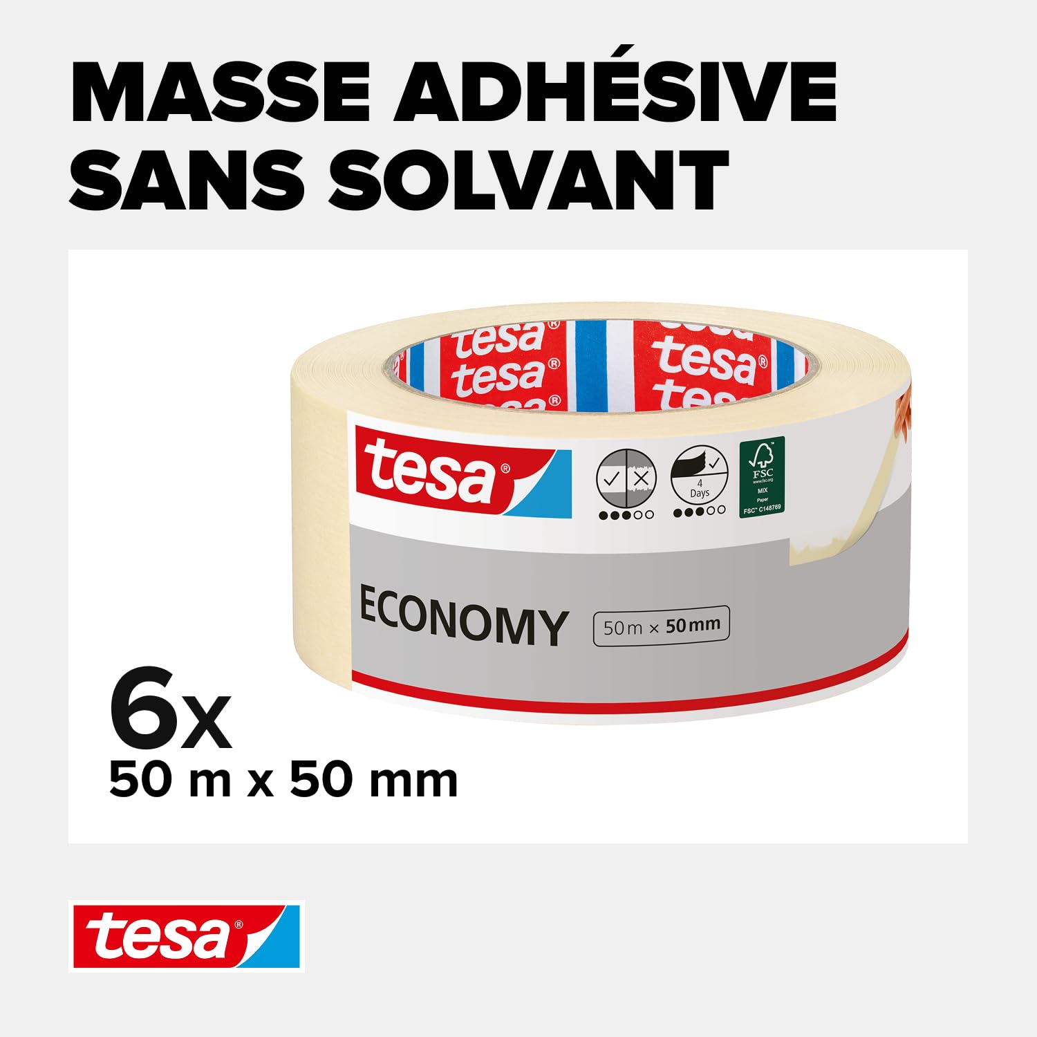 Tesa Masquer CLASSIC écologique Ruban Adhésif en lot de 4 - Adhésif de Masquage pour Travaux de Peinture - Sans Solvant, Détachable sans Résidus - 6 Rouleaux de 50 m x 50 mm