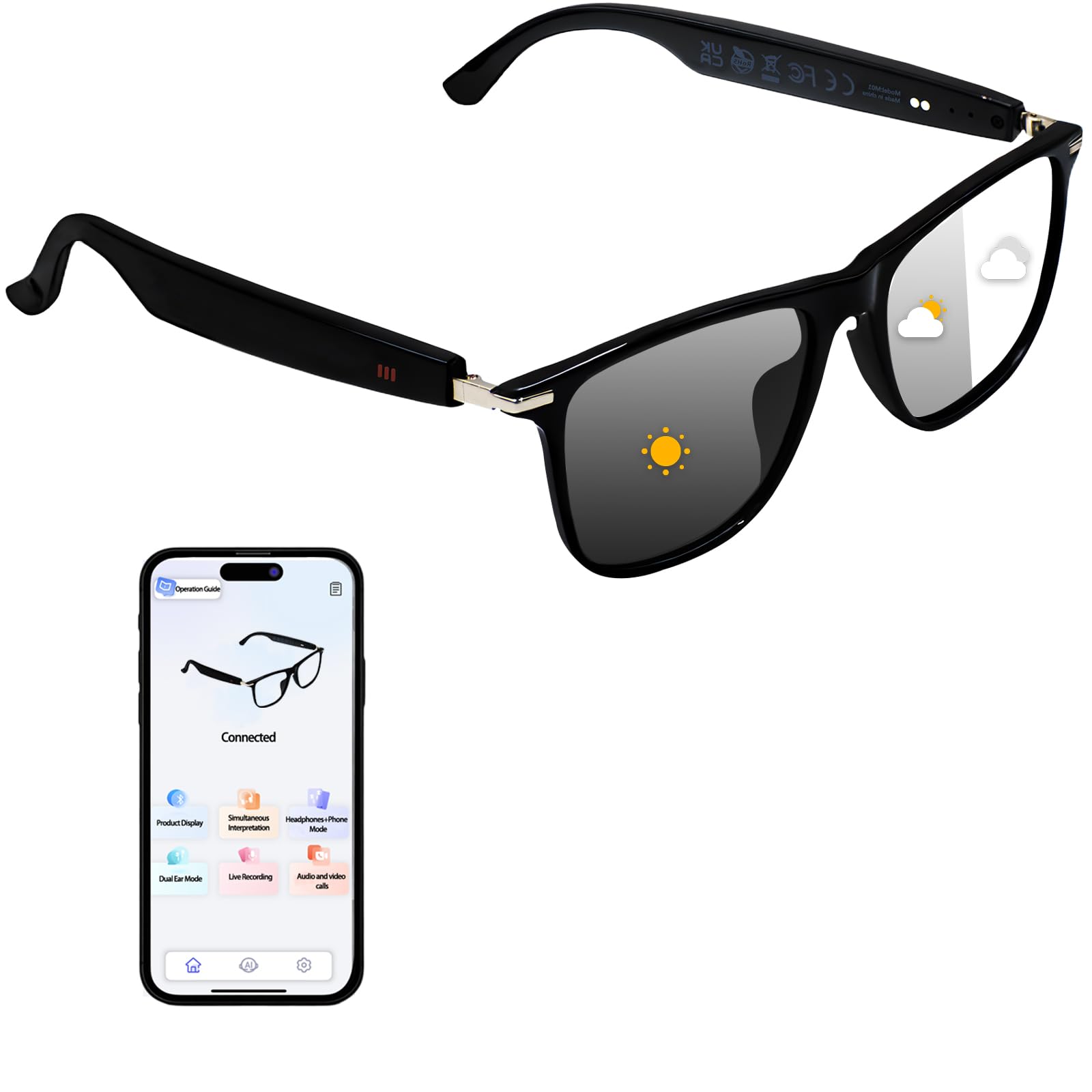 Occhiali Smart Traduttore AI, Lenti Fotocromatiche, Occhiali da Bluetooth Sole Polarizzati con Interpretazione Simultanea, Traduttore Vocale per Uomini e Donne,110+ Languages