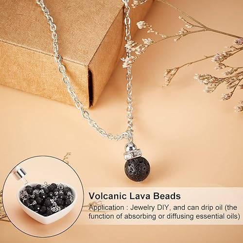 Miniatura 5 de OLYCRAFT 80 dijes de cuentas de lava natural de 8.5 a 0.354 in, cuentas redondas de lava volcánica, cuentas de chakras negras sin teñir con