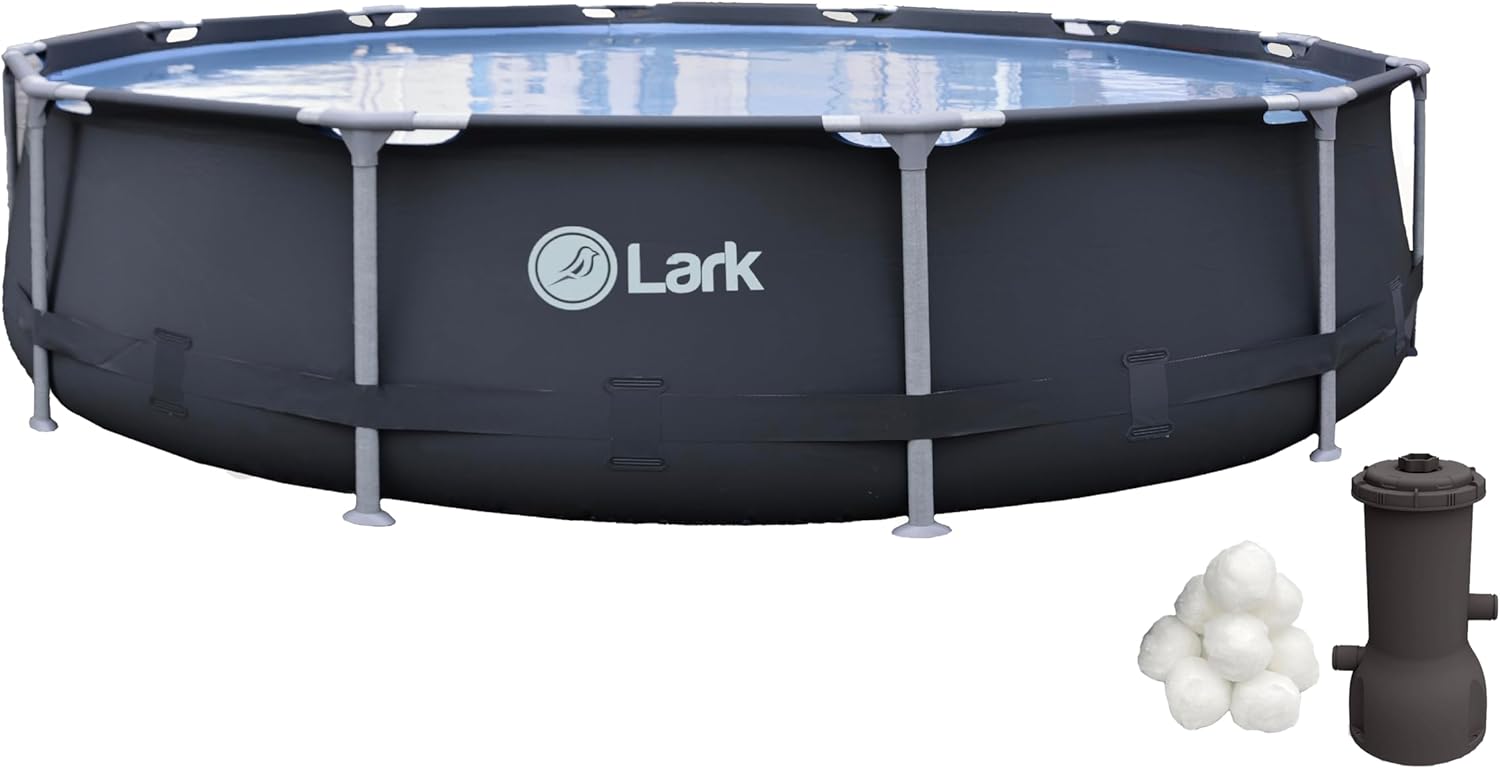 Lark Rust Proof 12' ft. x 30" inch Fiber Glass Frame Above Ground Swimming Pool - Graphite Pool Color with 530 Gallon Filtration Pump System and Filter Ball Technology