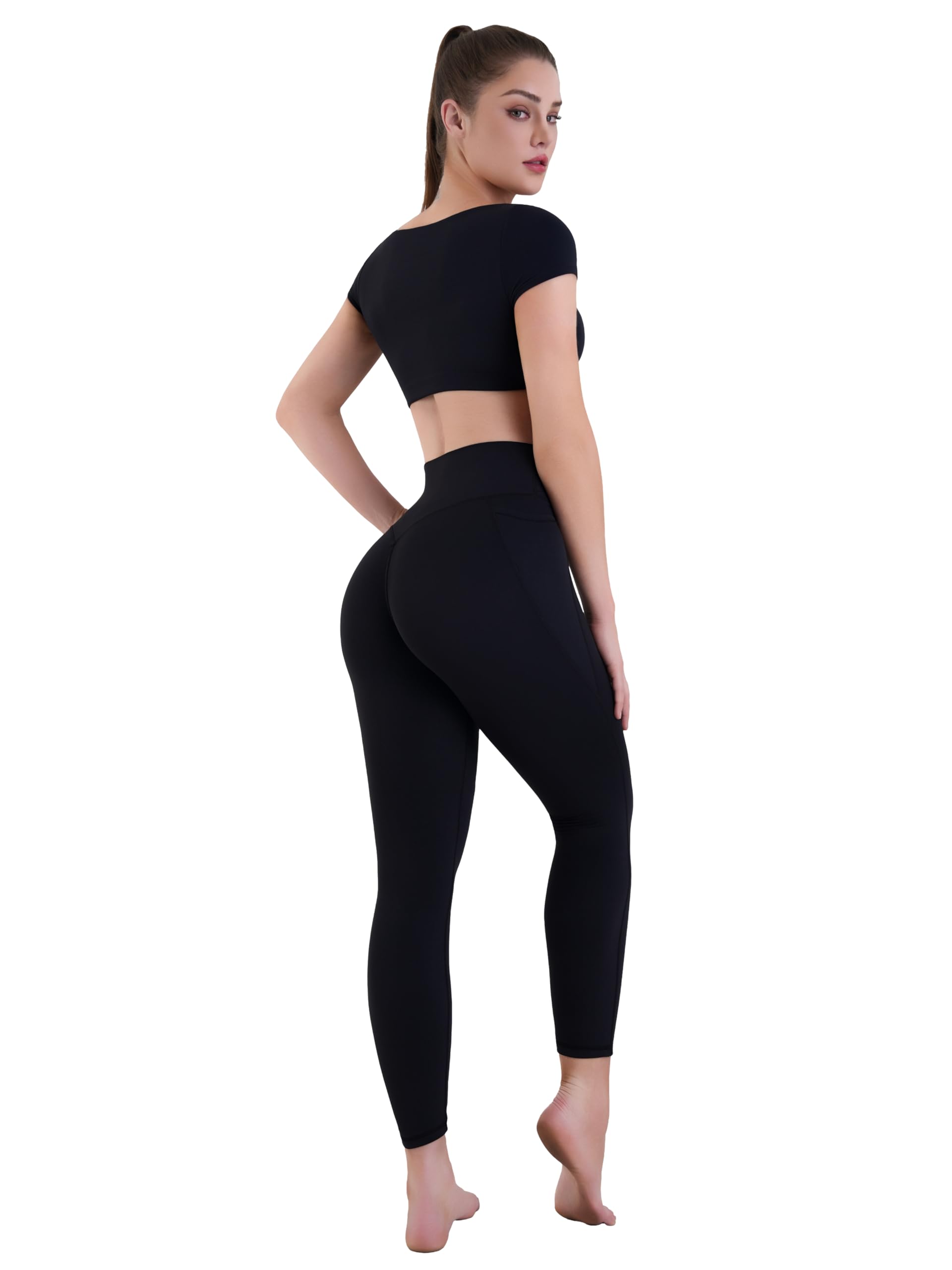 Sunzel Leggings sostenibili a vita alta per sollevamento del sedere con tasche per donne, senza cuciture frontali per il controllo della pancia, pantaloni da yoga per allenamento