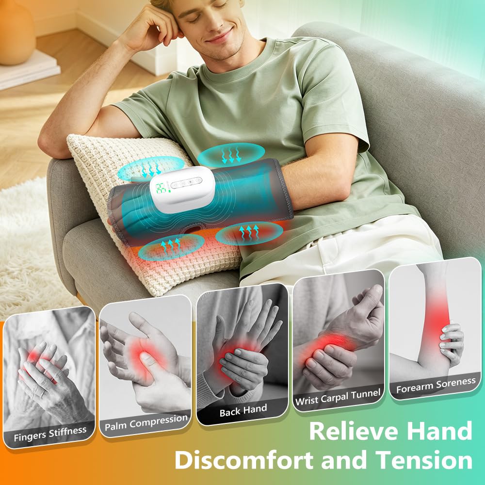 Massaggiatore Mani Elettrico con Calore e Compressione con Impastamento, 4 Livelli di Intensità, Massaggiatore Mani Senza Fili per Artrite Sindrome Tunnel Carpale