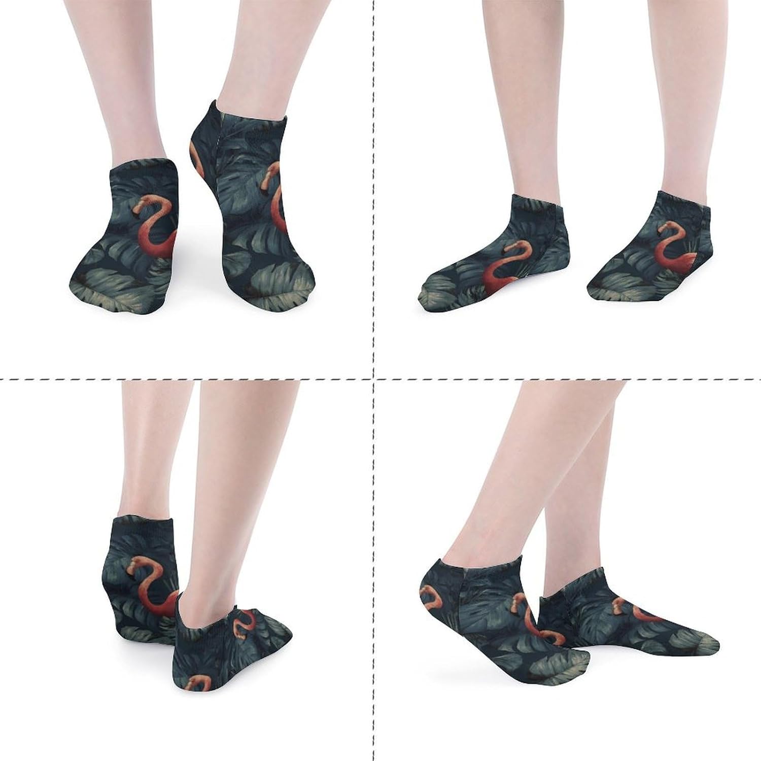 Flamingos Tropical Plant Monstera No Show Ankle Socks Low Cut Non Slip Flat Boat Line 5 Pairs Set