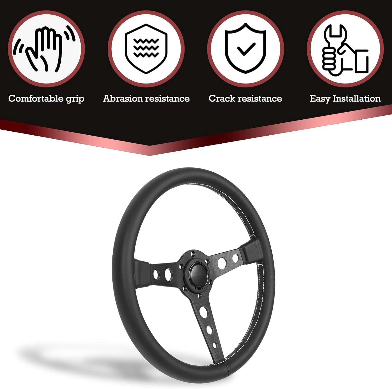 14inch Universal Steering Wheel 350mm Black Microfiber Leather with Matte Black Aluminum Spokes 6-Bolt 3 Spokes Fit for Racing,Car,Go Kart,Golf Cart– 40mm Deep Dish Design Steering Wheel