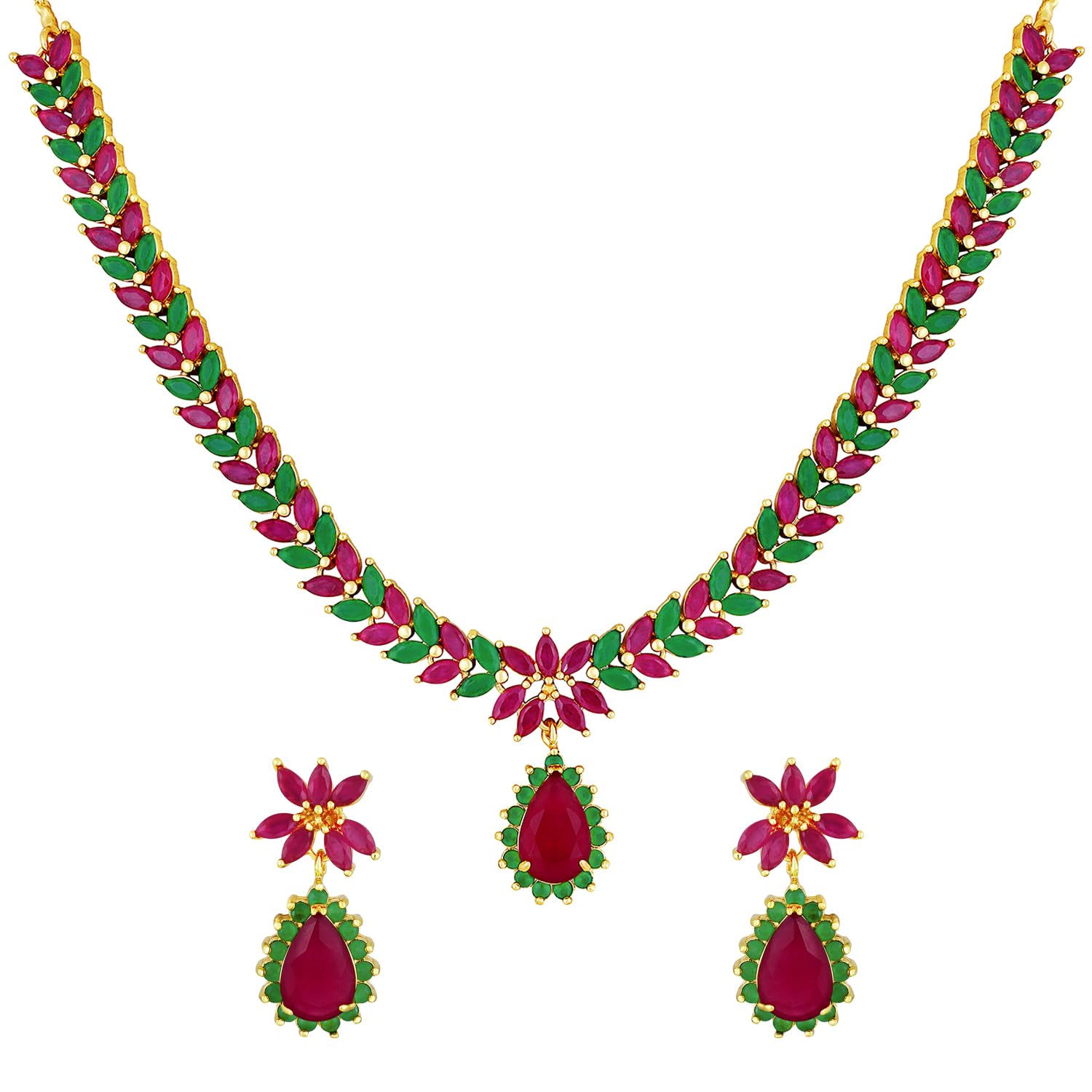 Peora Gold Plated Rani Pink Green Cubic Zirconia Studded Necklace with Drop Earring Fancy Fashion Jewellery Set for Women & Girls (B0CC9YKR42) Amazon Price History, Amazon Price Tracker
