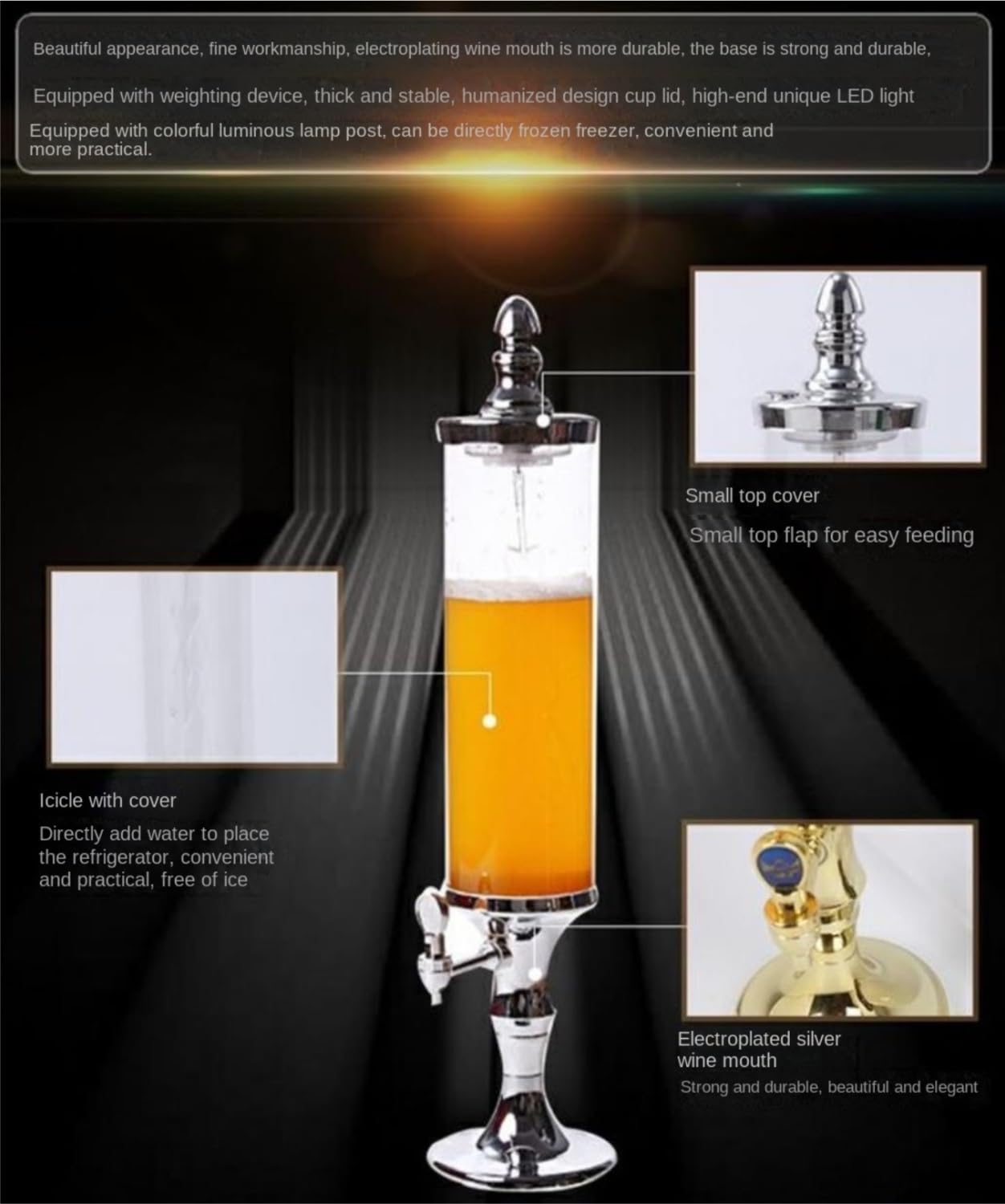 Wieża Piwna Dystrybutor Piwa 2L/70oz Z Rurką Na Lód I Kolorowymi Światłami Dystrybutory Napojów(Gold)