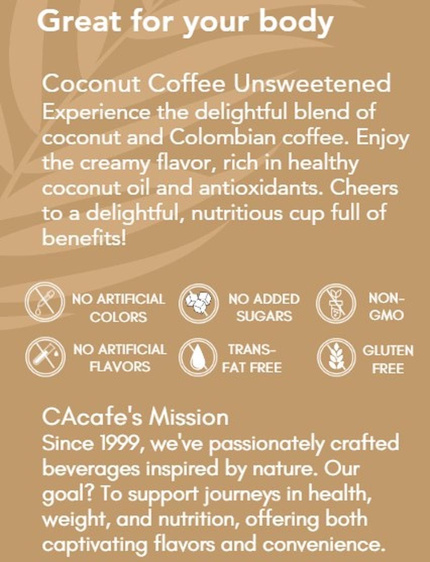 CAcafe Coconut Coffee Unsweetened, Coconut Infused Colombian Coffee, No Added Sugar, Creamy Drink Mix, Make Iced or Hot, Packed with Antioxidants, Natural Energy and Stress Relief | 2-Pack