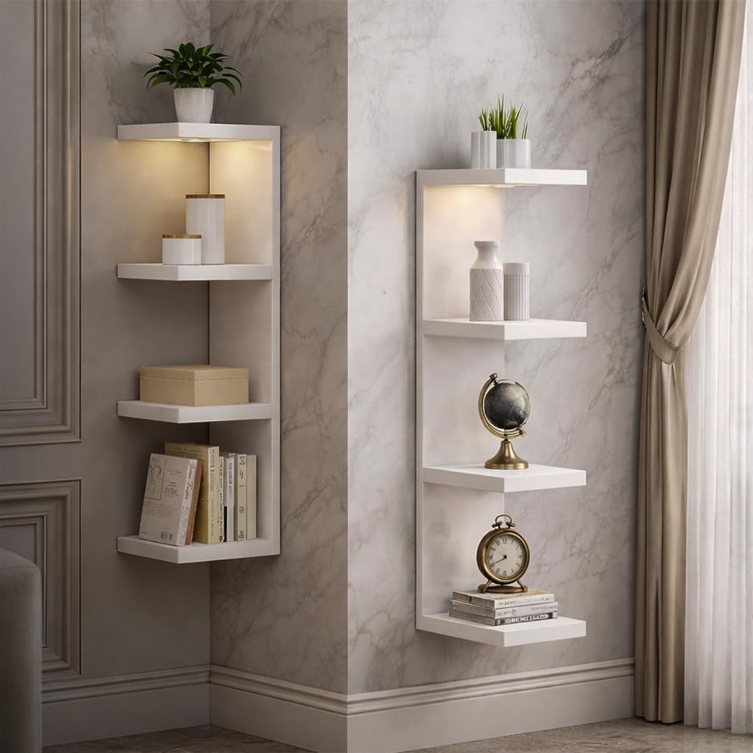 Versatile 4 Tier Wall Shelf Unit,White Lack Wall Shelf,Display Floating Shelf with LED Remote Control Light