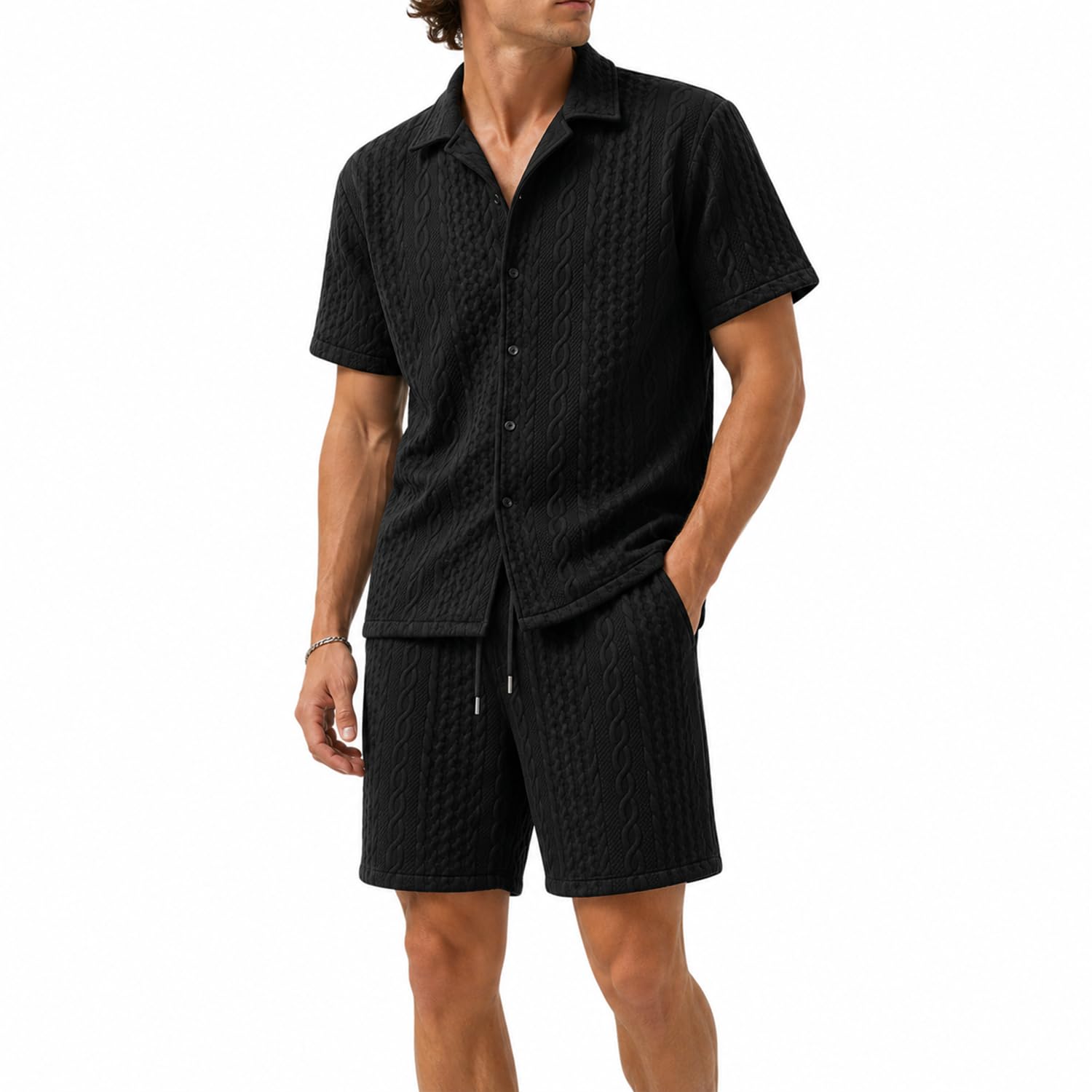 FARVALUE Men Raised Texture 2 Piece Set Short Sleeve Button Down Shirt &amp; Drawstring Pocket Shorts Summer Beach Casual Outfit