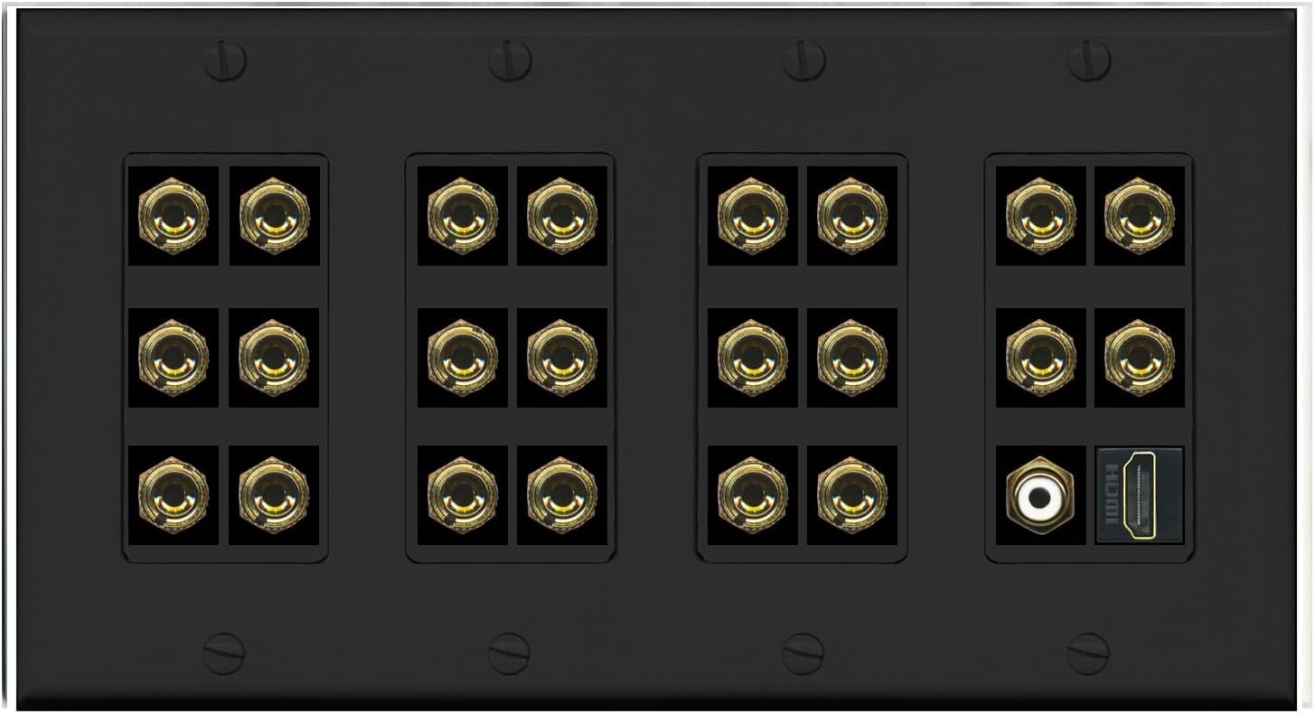 RiteAV 4 Gang 11.1 Surround Sound Speaker Banana Wall Plate with HDMI and RCA Female to Female Connectors - Black