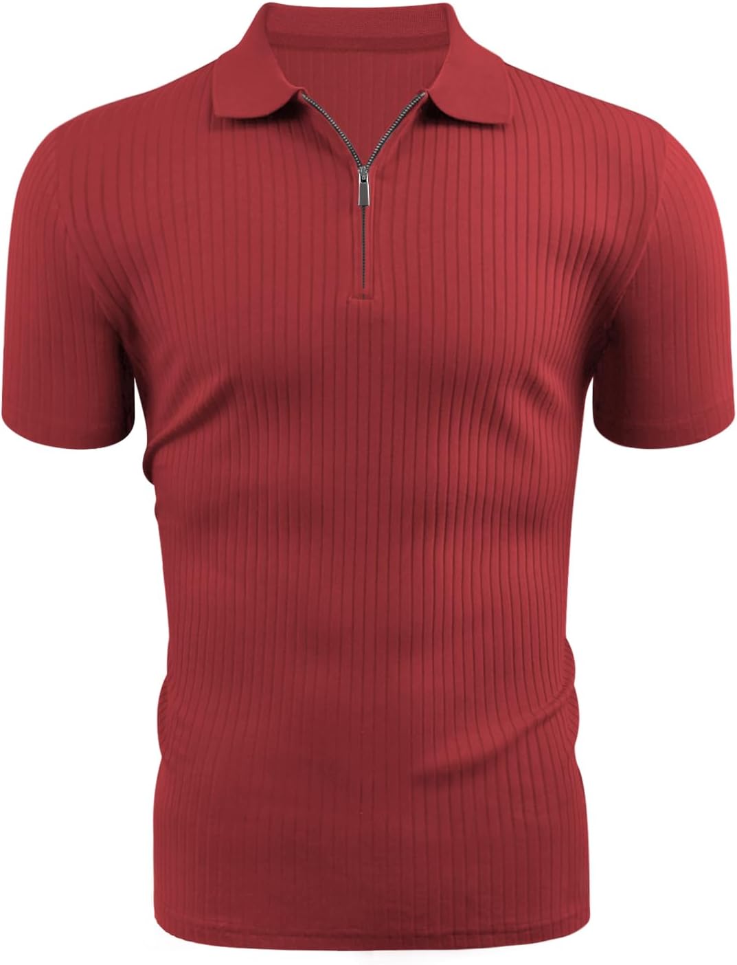 Zipper Muscle Polo Shirts for Men Slim Fit Short Sleeve Cotton Ribbed Knit Golf Shirt - Image 3