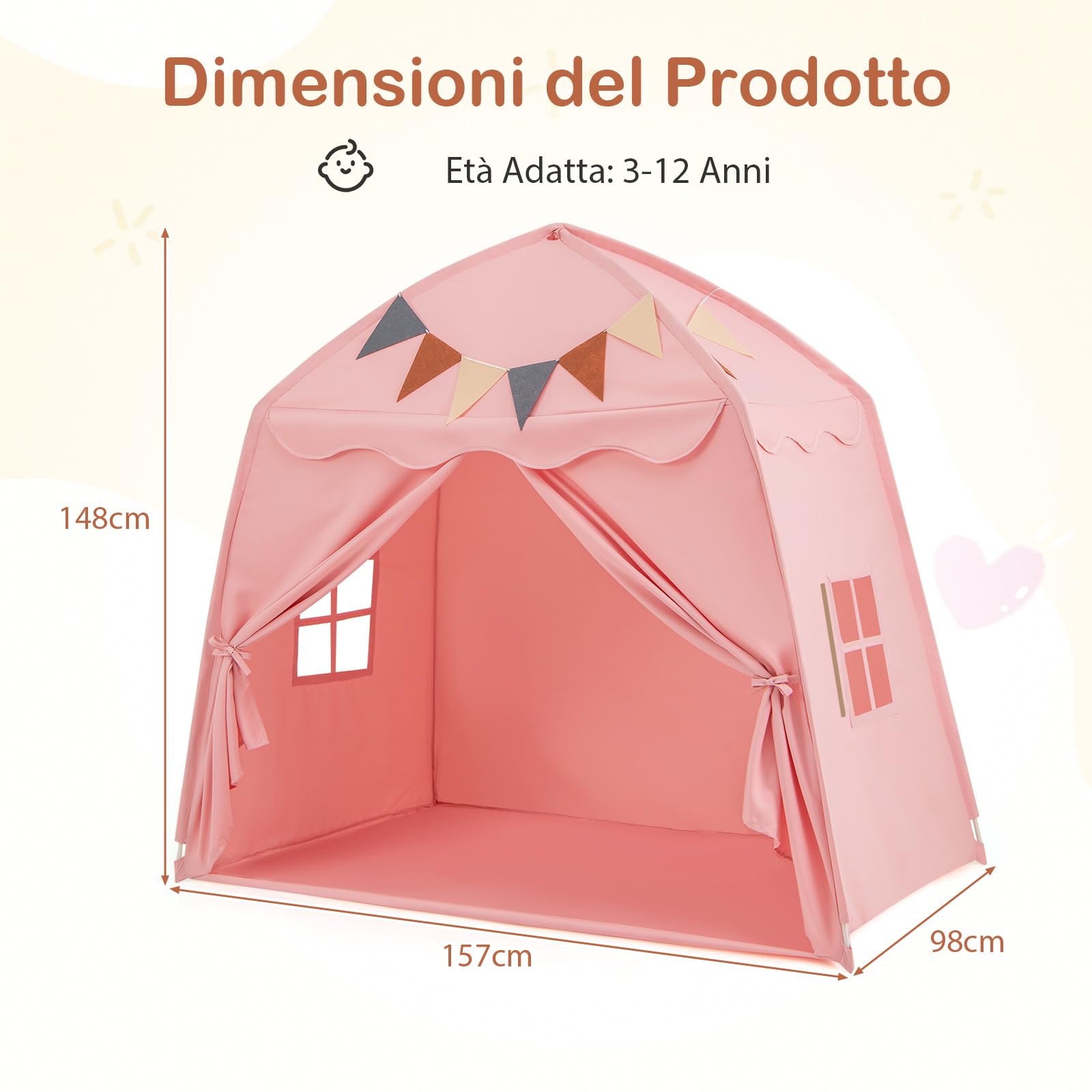 RELAX4LIFE Tienda de Campaña Infantil con Cadena de Luces de 4 m, Banderines y 2 Ventanas Laterales para Niños de 3-12 Años, Parque Infantil Bebe (Rosa)