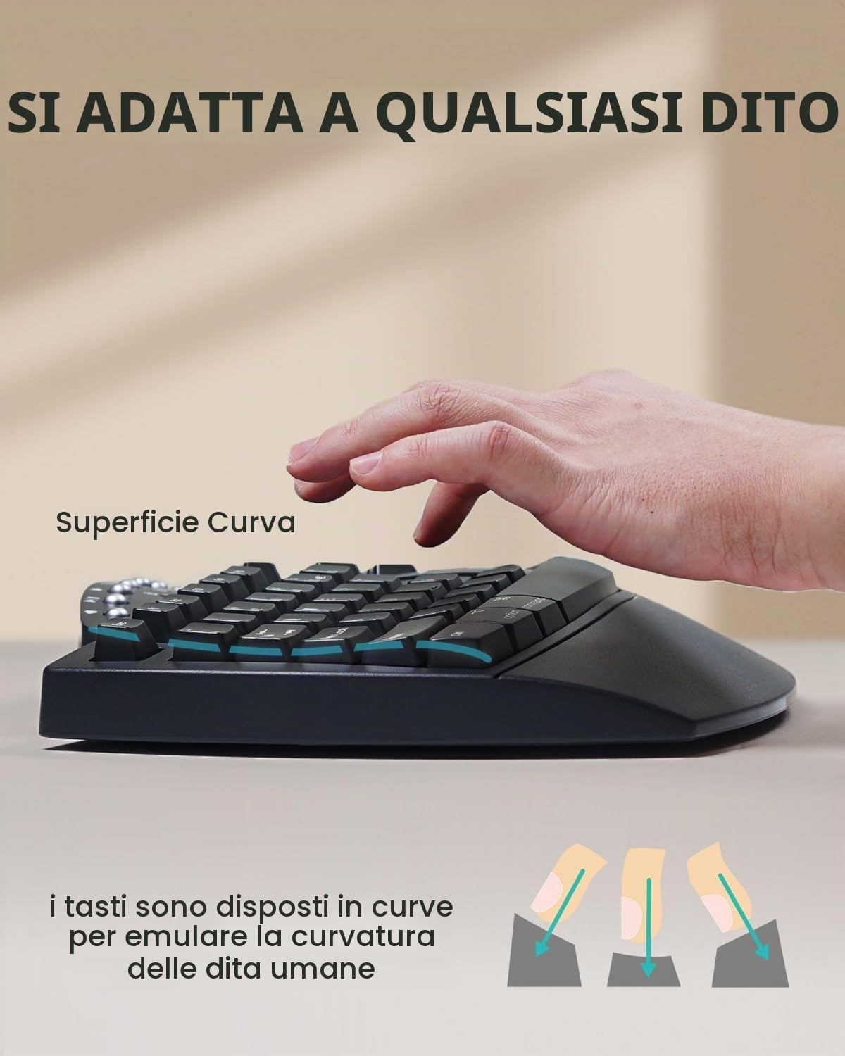 Perixx PERIBOARD-512 Tastiera Ergonomica Avanzata - Design Suddiviso - Con Tastierino Numerico Integrato - Nero - US English Layout