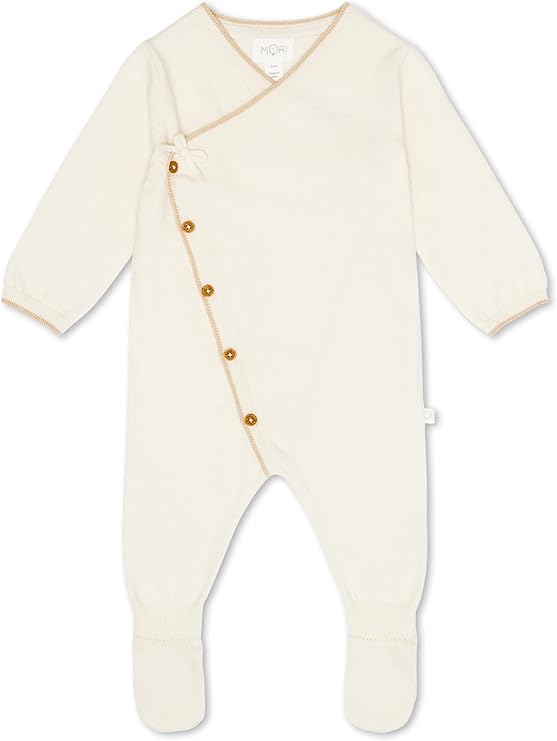 MORI Baby Knitted Kimono Romper and Hat Set - Soft Cotton Wool Blend - Footed Romper with Wooden Buttons - Cozy Baby Clothes