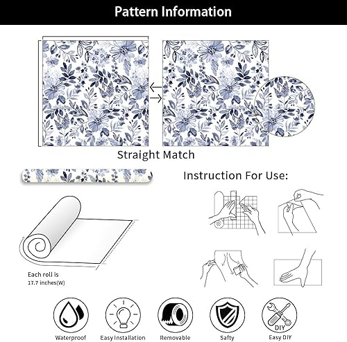 Miniatura 6 de Papel tapiz autoadhesivo de 18 x 236 pulgadas, diseño de acuarela azul marino y blanco, papel de contacto extraíble para cocina, dormitorio, baño,
