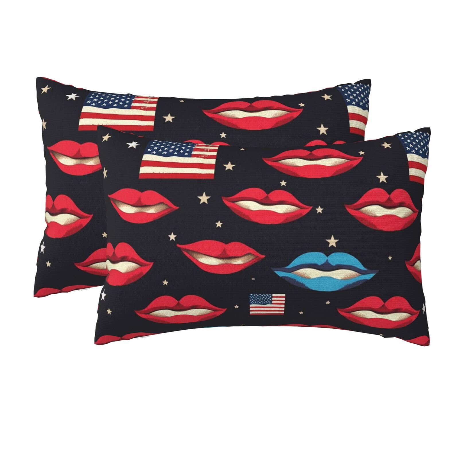2 Pack Queen Size Pillow Cases for Hair and Skin Soft Breathable Pillow Case Covers with Hidden Zipper American Flag Lips Pillowcase 20x30 Inches Pillow Cover for Sleeping Gift