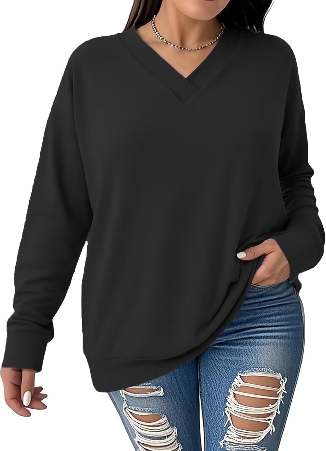 DOLNINE Plus-Size-Sweatshirts for Women Fall Casual V Neck Long Sleeve Tops Winter Loose Fit Pullover Tunics