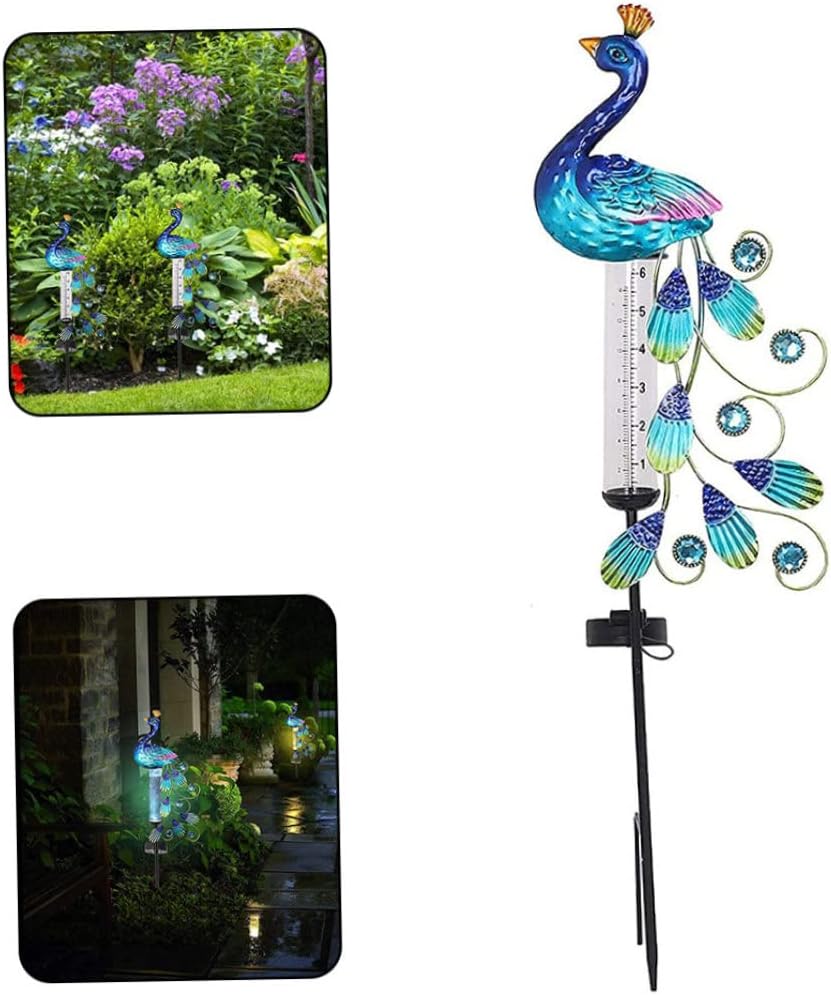 Rain Gauge Light Solar Powered Metal Peacock Garden Stakes Waterproof Yard Decorations Solar Powered Rain Gauge Metal Rain Gauge Rain Gauge Decorations