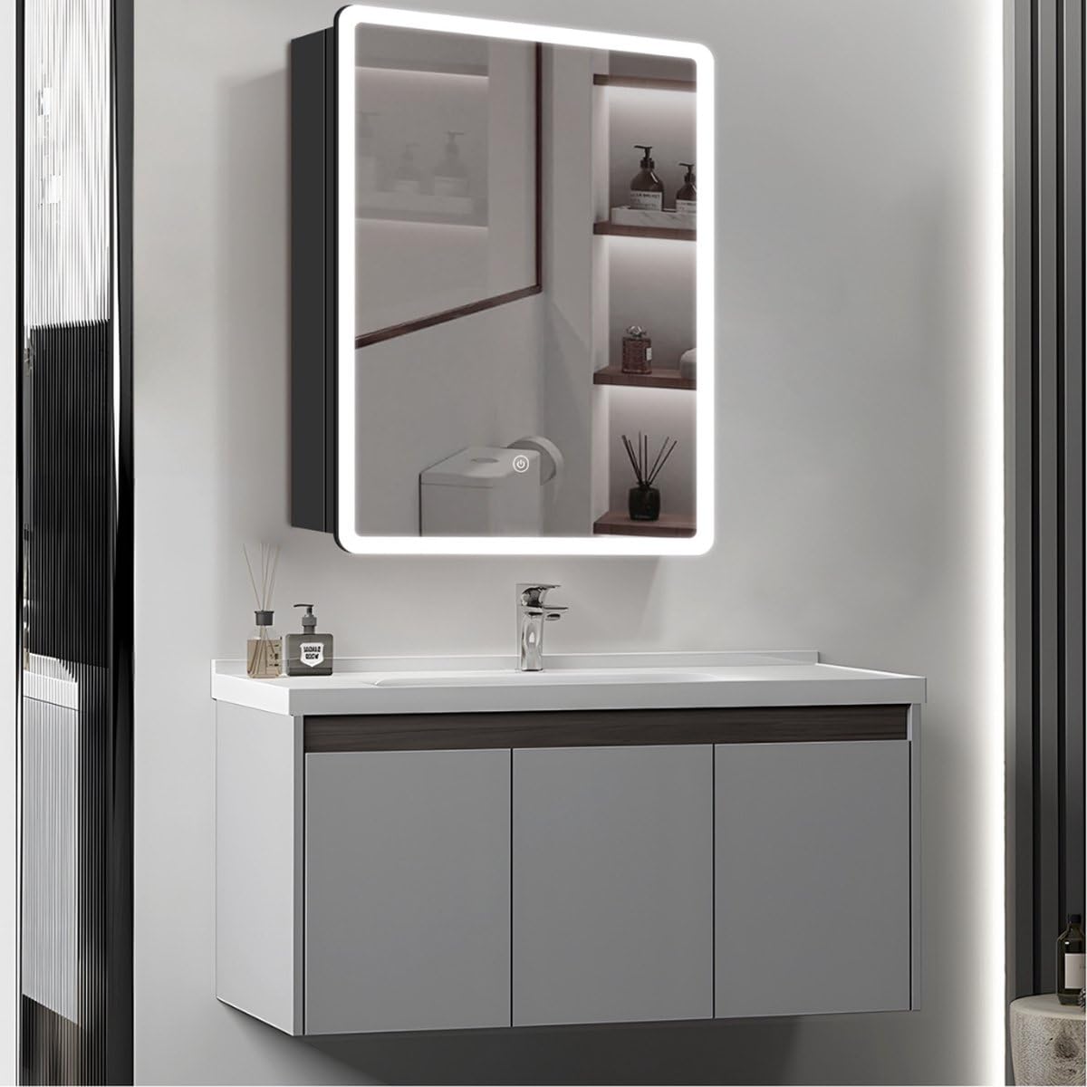 SensaHome Armario con Espejo y Luz LED - Armario para Baño - 3 Colores de LED - 50x70cm